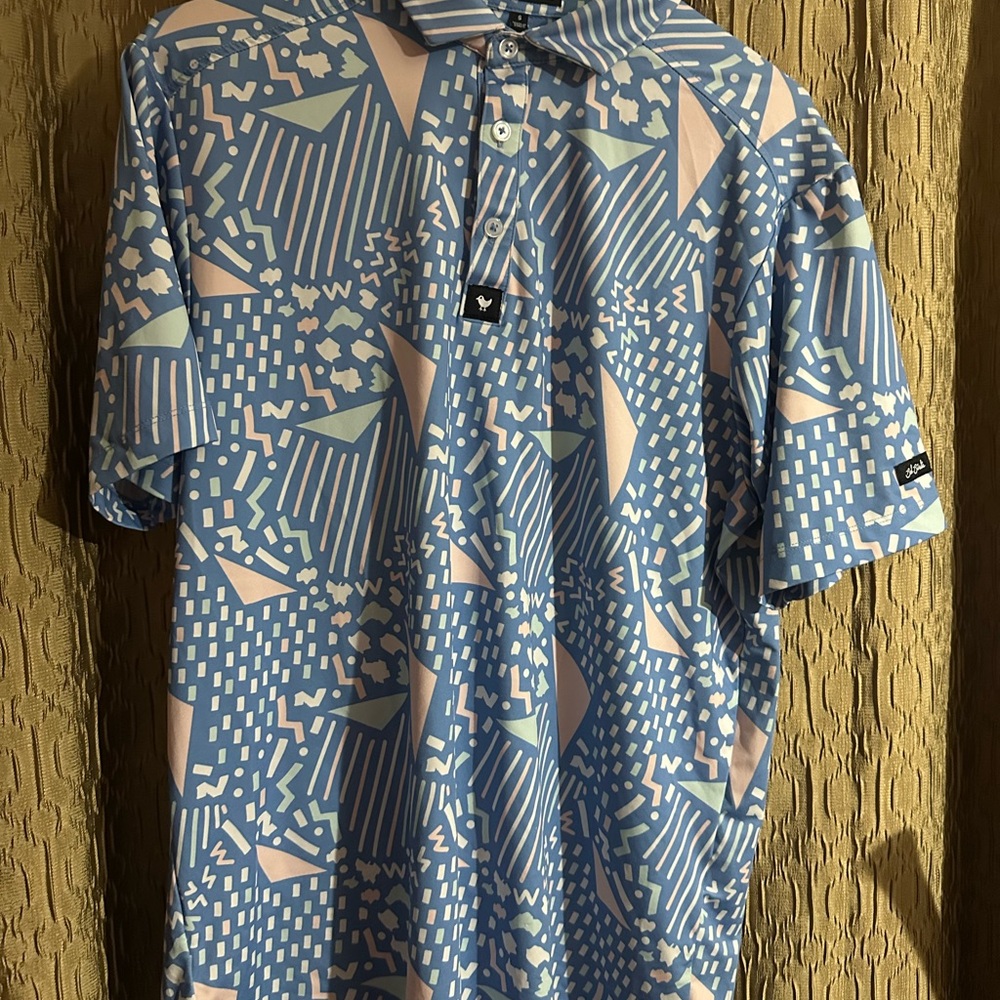 Bad Birdie Geometric Blue and Pink Polo